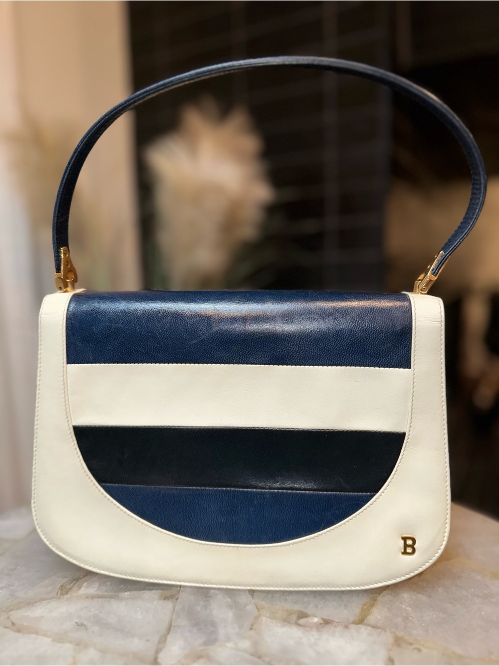 Vintage Bally International Navy & Ivory Leather Shoulder Bag Swiss Made | Rare